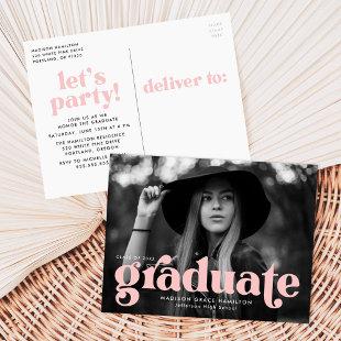 Bold Typography Blush Pink Photo Graduation Party Invitation Postcard