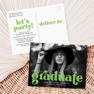 Bold Typography Lime Green Photo Graduation Party Invitation Postcard