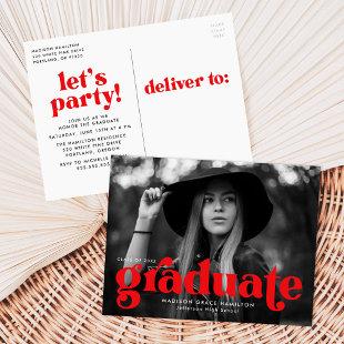 Bold Typography Red Photo Graduation Party Invitation Postcard