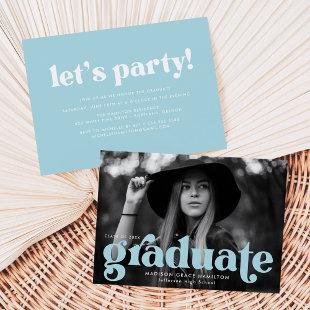 Bold Typography Sky Blue Photo Graduation Party Invitation