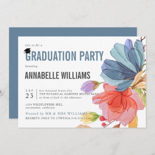Bold Watercolor Wildflowers Blue Graduation Party Invitation