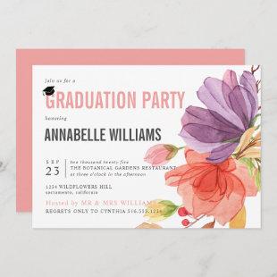 Bold Watercolor Wildflowers Pink Graduation Party Invitation