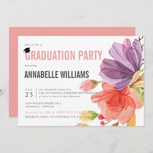 Bold Watercolor Wildflowers Pink Graduation Party Invitation