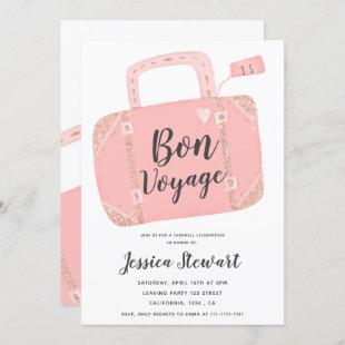 Bon voyage suitcase rose gold pink leaving party invitation