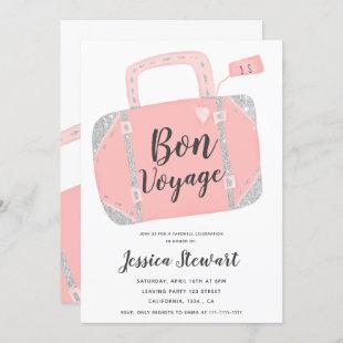 Bon voyage suitcase silver pink leaving party invitation