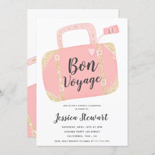 Bon voyage suitcase yellow gold pink leaving party invitation