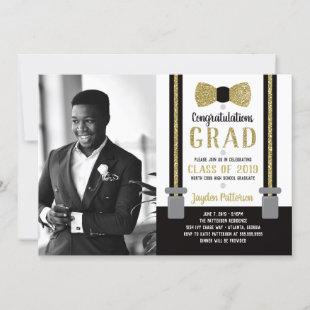 Bow Tie Graduation Party Invitation, Black, Gold Invitation