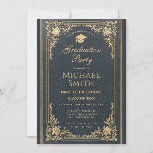 Boy Graduation Vintage Elegant Gold Blue  Invitation