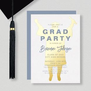 Boy Modern Blue Gold Graduation Party Foil Invitation