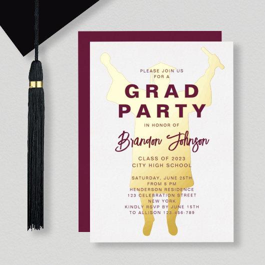 Boy Modern Burgundy Gold Graduation Party Foil Invitation