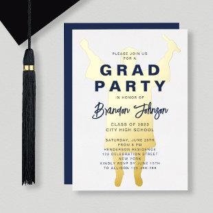 Boy Modern Navy Blue Gold Graduation Party Foil Invitation