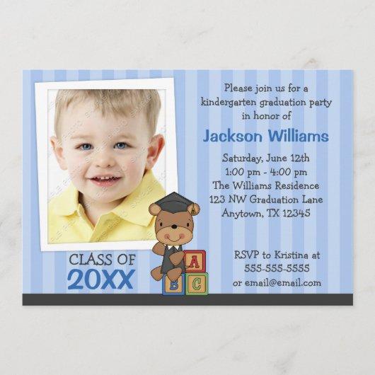 Boy Photo Graduation Bear Blue Stripes Invitation