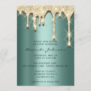Bridal Shower Birthday 16th Gold 3D Green Invitation