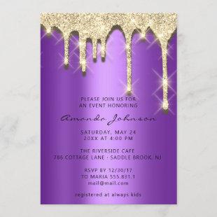 Bridal Shower Birthday 16th Gold 3D Purple Invitation
