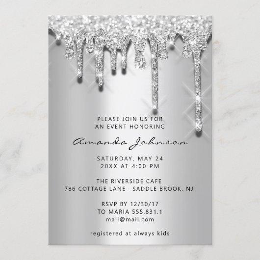 Bridal Shower Birthday 16th Silver Gray 3D Drips Invitation