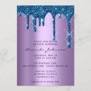Bridal Wedding Birthday 16th Blue Purple  3D Drips Invitation