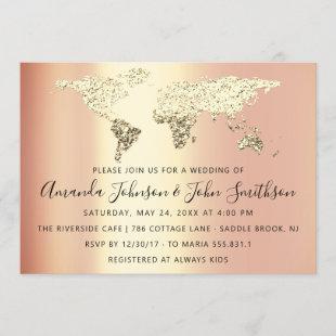 Bridal Wedding Gold Destination Map Globe Coral Invitation