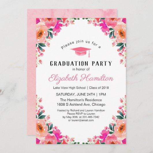 Bright Pink Watercolor Floral Graduation Party Invitation