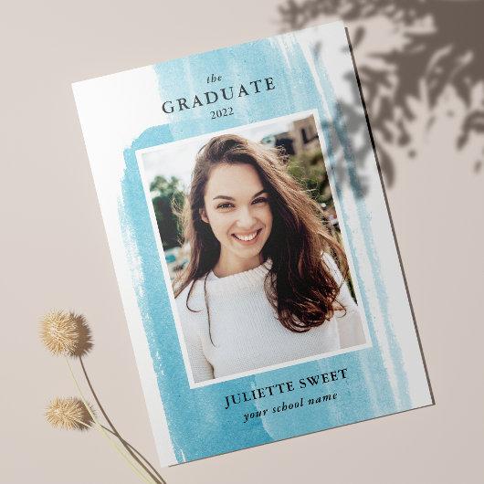 Brushstrokes | Blue Photo Girly Graduation  Invitation