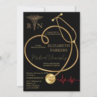 BSN RN Black Gold Nursing Graduation Party Invitation