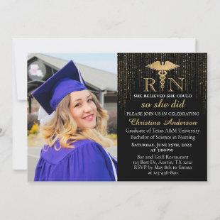 BSN RN Gold Glitter Nursing Photo Graduation Party Invitation