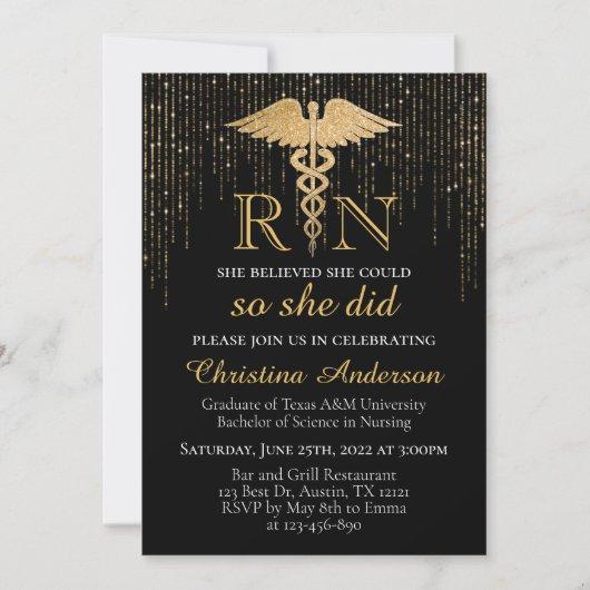 BSN RN Gold Sparkly Glitter Nursing Graduation Invitation