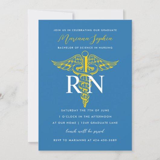 BSN RN Nurse Graduation Blue and Gold Invitation