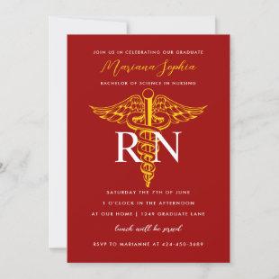BSN RN Nurse Graduation Red and Gold Invitation