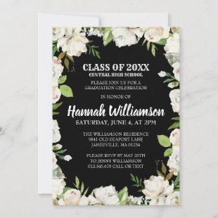 Budge Black White Floral Class of 2021 Graduation Invitation