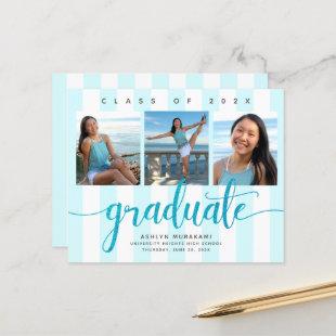Budget 3 photo blue glitter graduation invitation