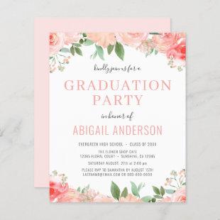 Budget Blush Pink Floral Graduation Invitation