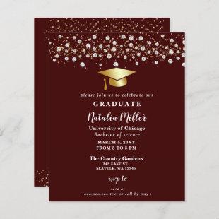 Budget Burgundy Gold Hat Graduation Invitation