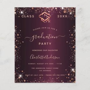 Budget graduation burgundy glitter dust invitation