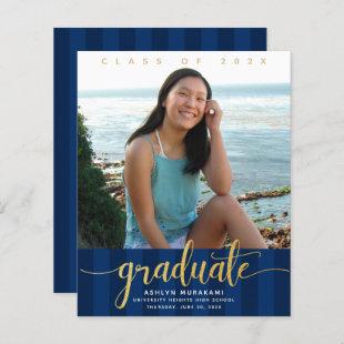 Budget graduation photo navy blue gold invitation