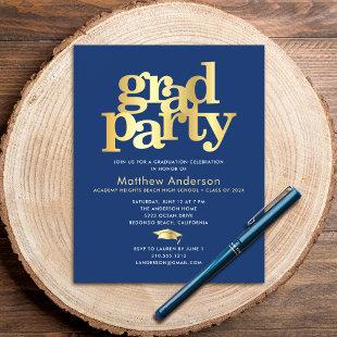Budget navy gold graduation cap bold party invite