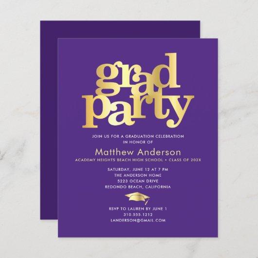 Budget purple gold grad cap modern party invite