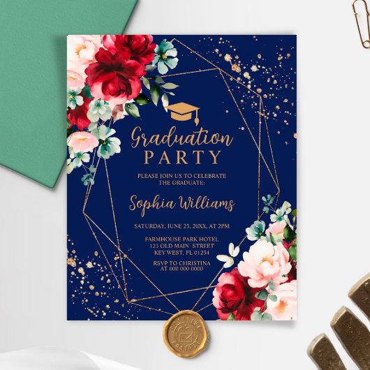 Budget Red Rose & Gold Graduation Party Invitation