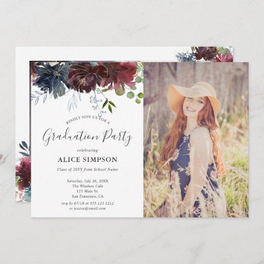 Burgundy and Blue Floral Graduation Party Photo Invitation