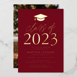 Burgundy and Gold Class of 2023 Graduation Party Foil Invitation