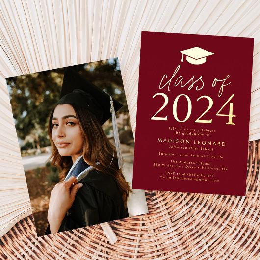 Burgundy and Gold Class of 2024 Graduation Party Foil Invitation