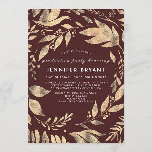 Burgundy and Gold Leaves Fall Graduation Party Invitation