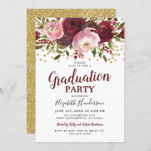 Burgundy Blush Floral Graduation Party Invitation