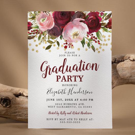 Burgundy Blush Floral Graduation Party Invitation