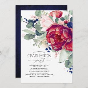 Burgundy Blush Navy Blue Floral Graduation Party Invitation
