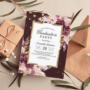 Burgundy Blush Pink Floral & Gold Frame & Lights Invitation