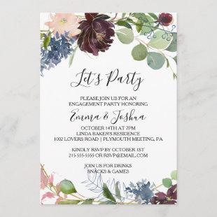 Burgundy Floral and Greenery Let's Party Invitation
