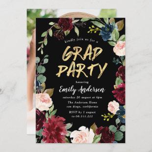 Burgundy floral brush script blac graduation party invitation