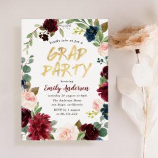 Burgundy floral brush script graduation party invitation