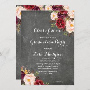 Burgundy Floral Chalkboard graduation invite card