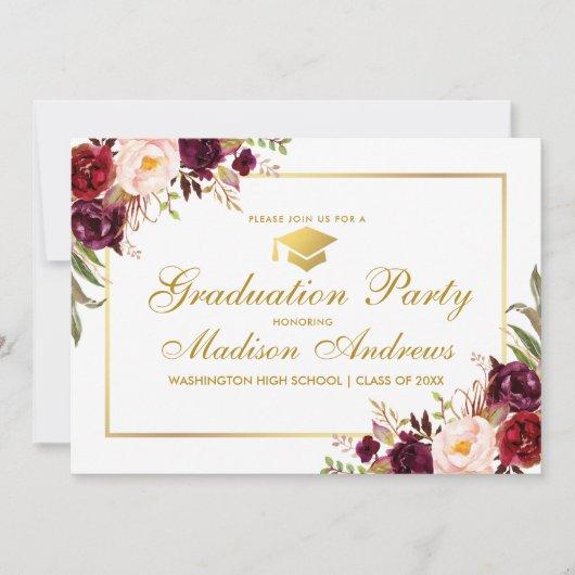 Burgundy Floral Gold Frame Graduation Party Invite